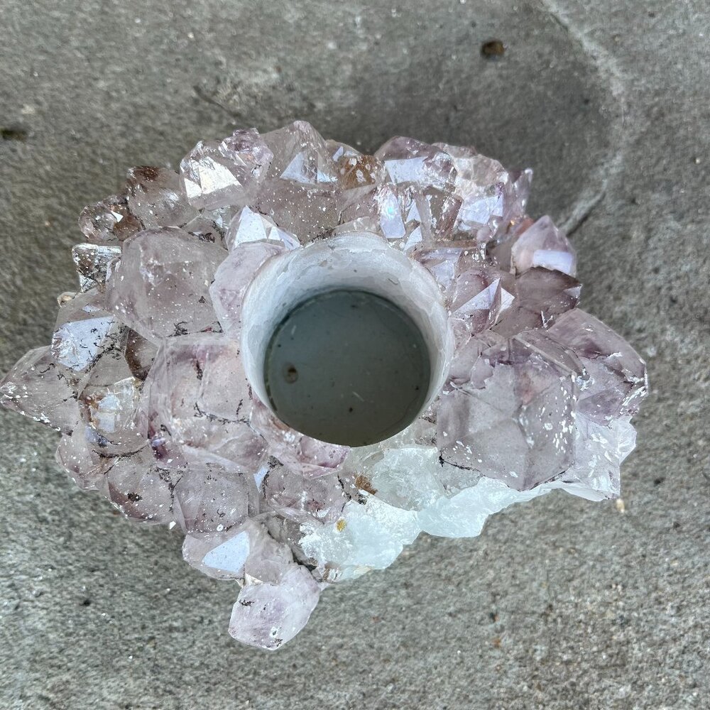 Amethyst Geode Crystal Candle Holder Tealight Raw Quartz Purple White Gemstone